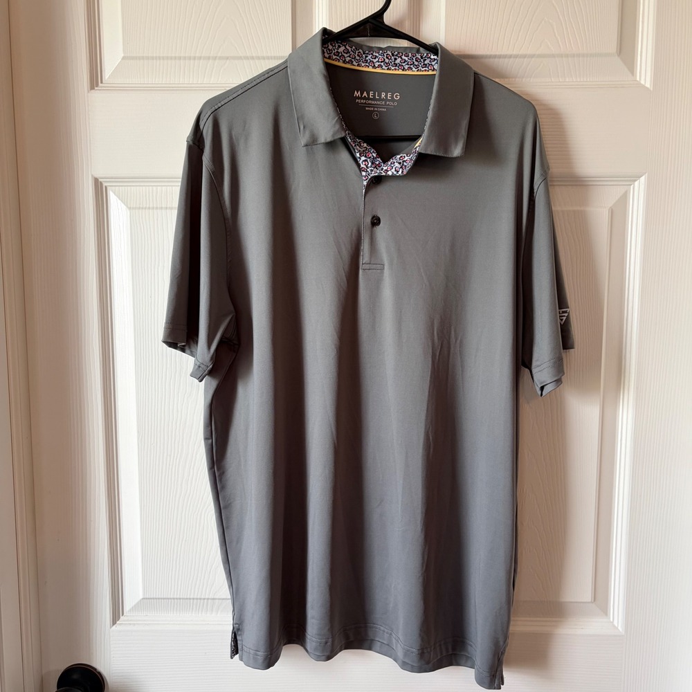 MAELREG Mens Performance Polo Shirt Gray Short Sleeve Floral Trim Size Large